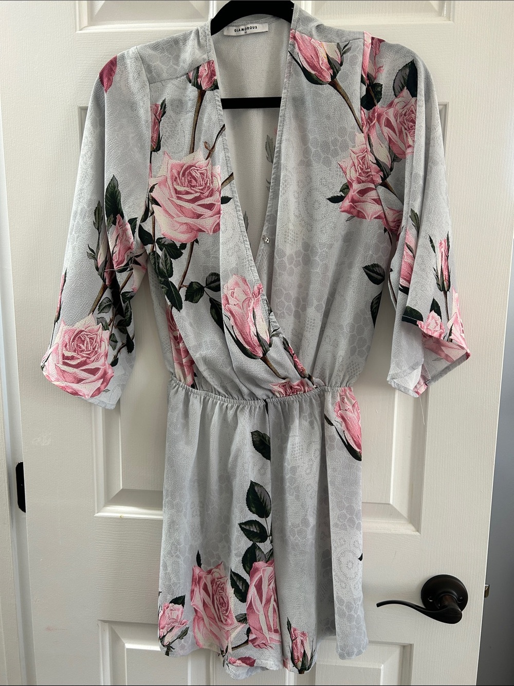 XS Rose-Print Wrap Romper - Light Gray & Pink by Unknown Brand